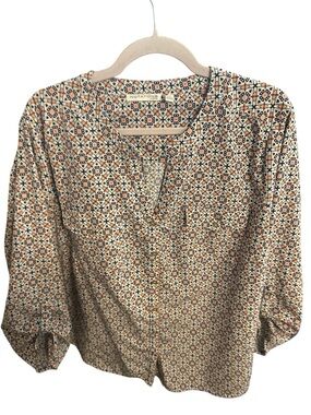 NWOT Notations Cream blue Geometric Print Tunic Blouse quarter sleeve button 2x